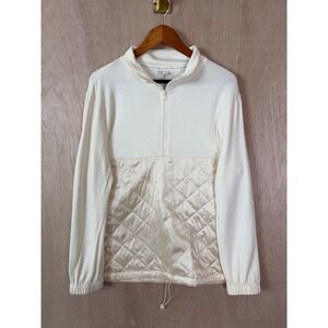 Live Well Womens Cream Mixed Media Quilted Quarter Zip Pullover Sweater Large